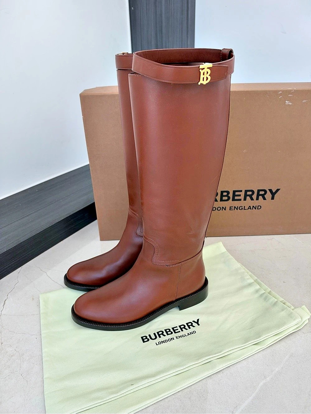 NIB Burberry Redgrave TB Monogram Leather Knee-High Boots Brown Knee-High Boots